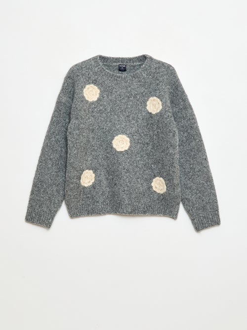 Pull col rond avec fleurs en crochet uni - Kiabi