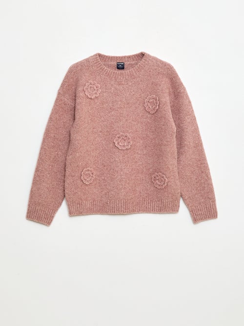 Pull col rond avec fleurs en crochet uni - Kiabi