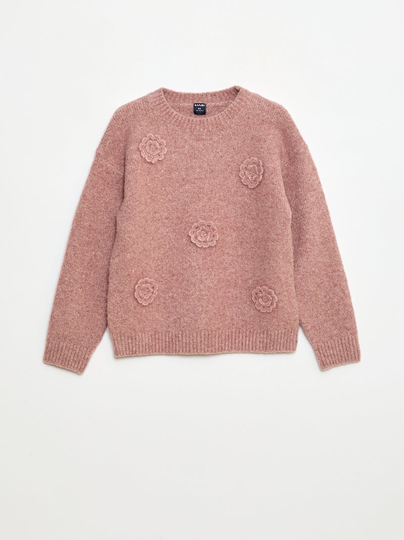 Pull col rond avec fleurs en crochet uni Rose Fille