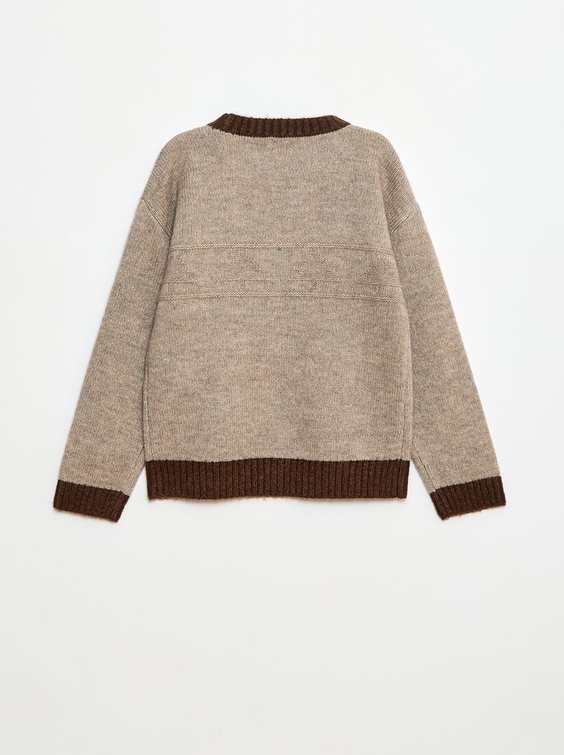 Pull col rond avec frise Marron - Kiabi
