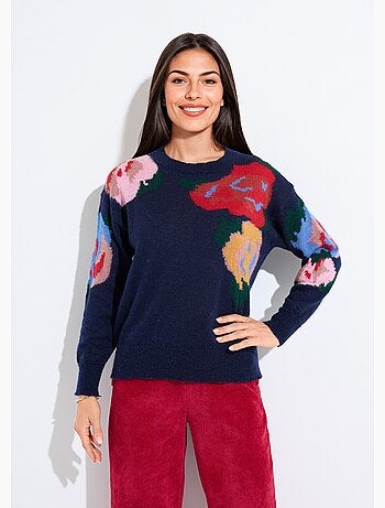 Pull col rond avec mohair jacquard fleuri - Afibel