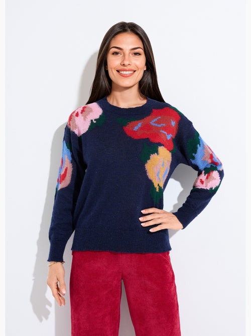 Pull col rond avec mohair jacquard fleuri - Afibel - Kiabi