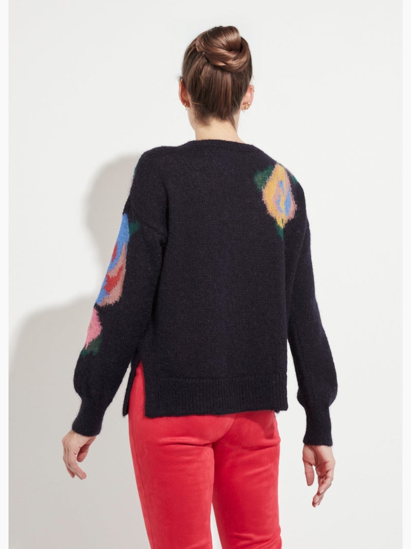 Pull col rond avec mohair jacquard fleuri - Afibel Bleu marine - Kiabi