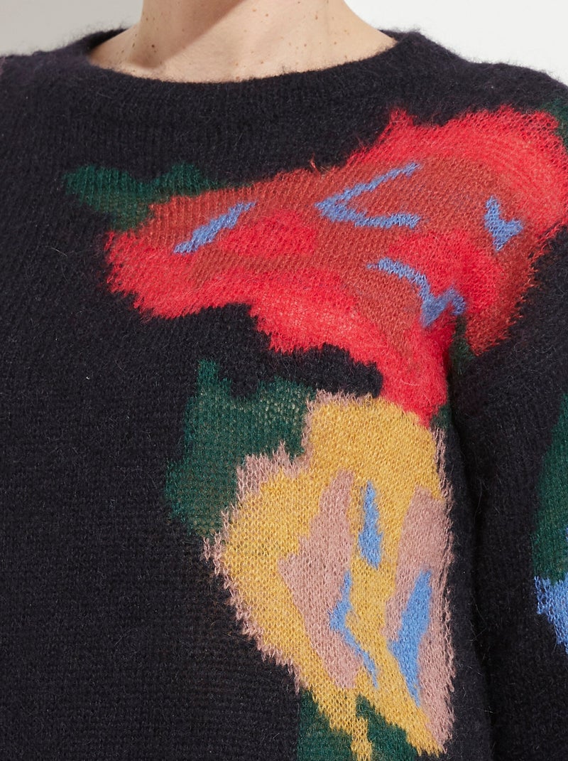 Pull col rond avec mohair jacquard fleuri - Afibel Bleu marine - Kiabi