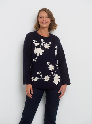 Pull col rond avec motif floral appliqué