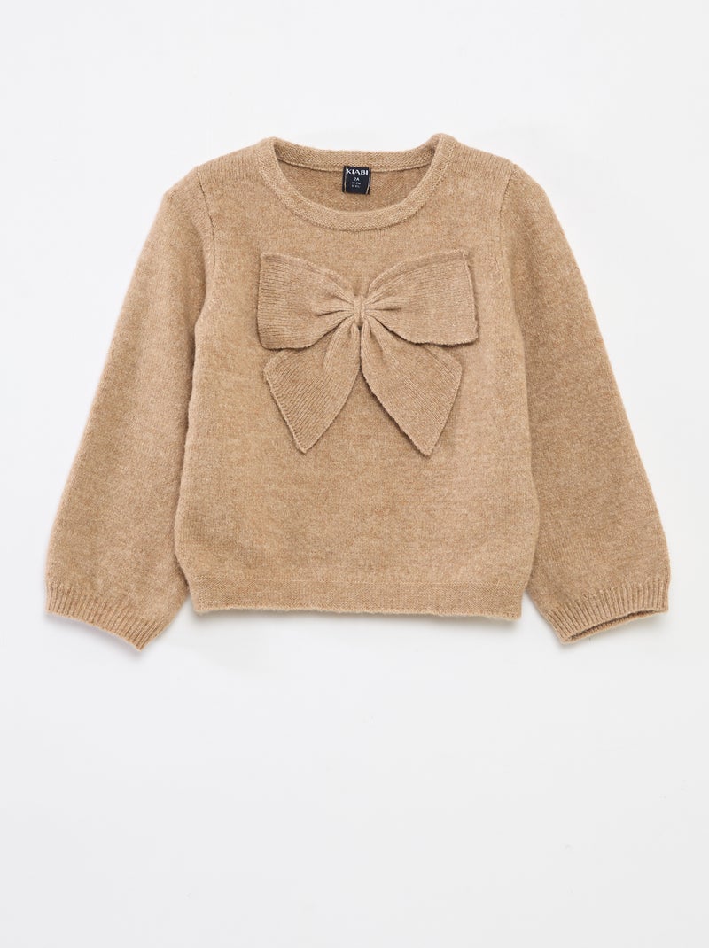 Pull col rond avec nœuds uni Beige - Kiabi