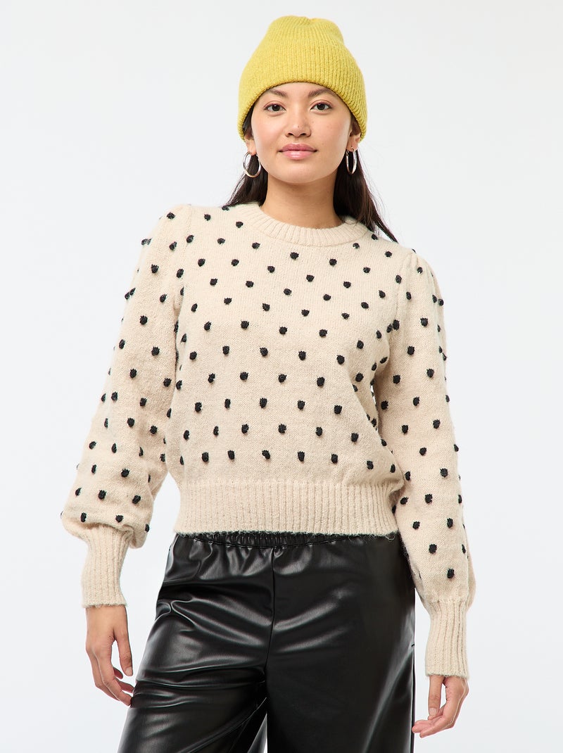 Pull col rond avec pois en relief Beige - Kiabi