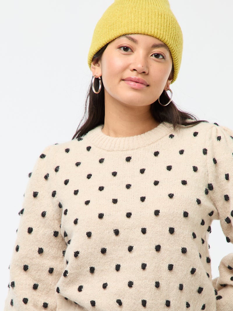 Pull col rond avec pois en relief Beige - Kiabi