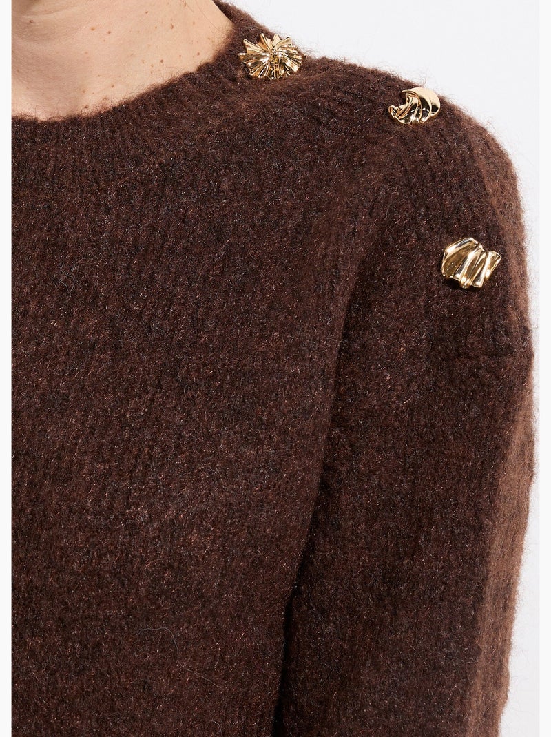 Pull col rond, boutons bijou en métal - afibel Marron chocolat - Kiabi