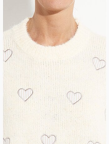 Pull col rond coeurs rayés avec laine - AFIBEL