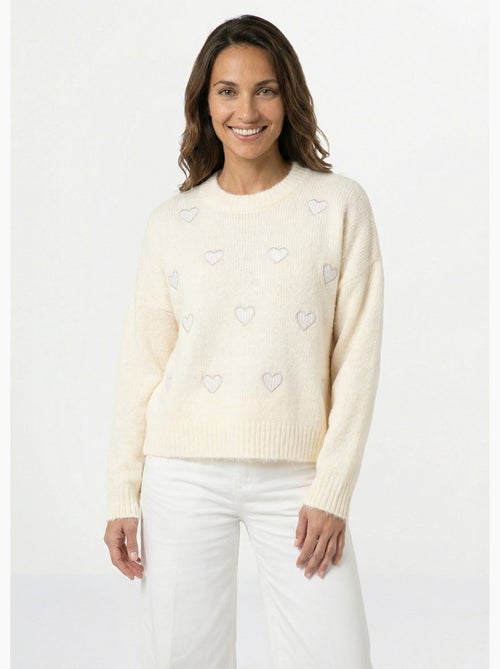 Pull col rond coeurs rayés avec laine - AFIBEL - Kiabi