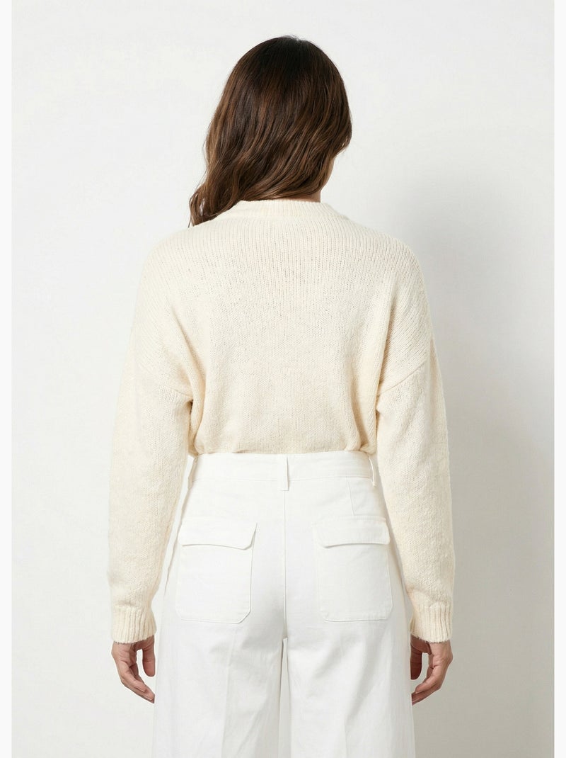 Pull col rond coeurs rayés avec laine - AFIBEL Ecru - Kiabi
