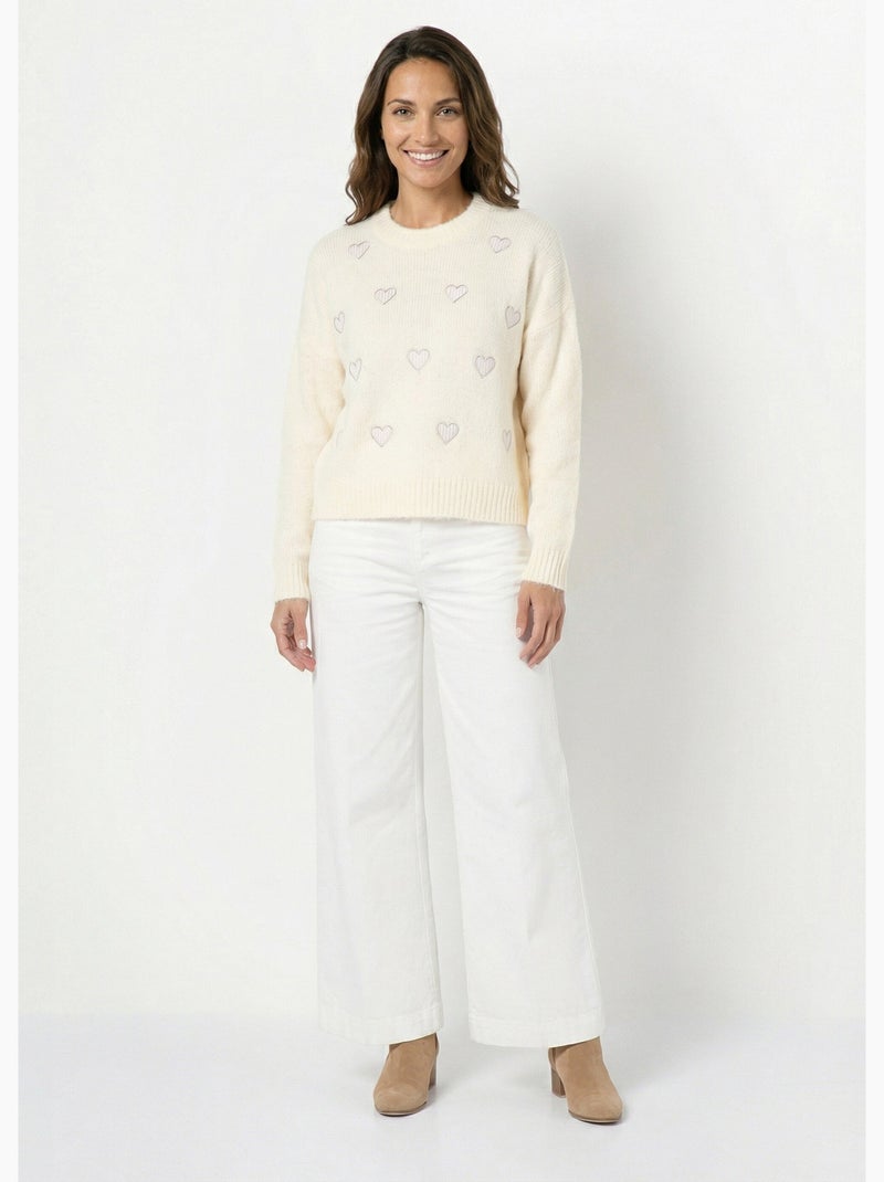 Pull col rond coeurs rayés avec laine - AFIBEL Ecru - Kiabi
