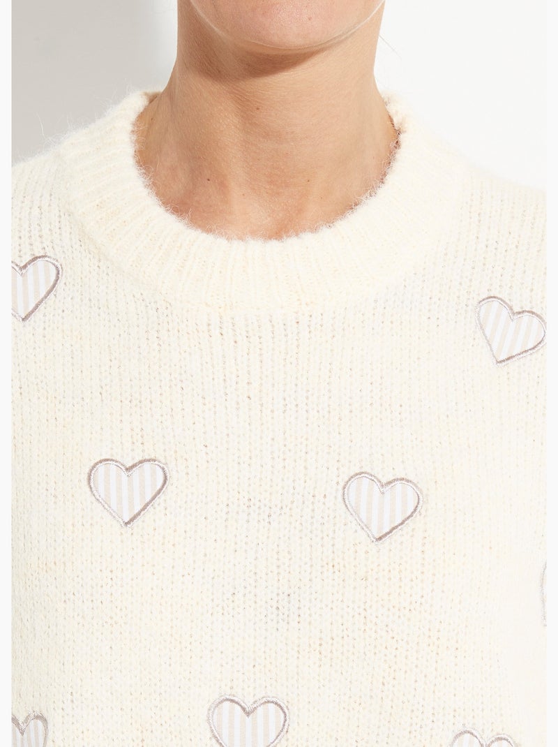 Pull col rond coeurs rayés avec laine - AFIBEL Ecru - Kiabi