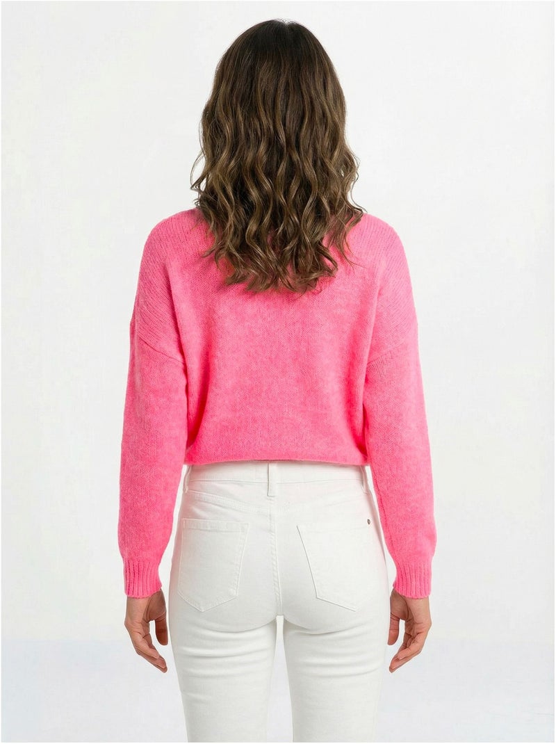 Pull col rond coeurs rayés avec laine - AFIBEL Rose fluo - Kiabi