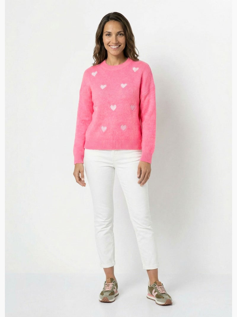 Pull col rond coeurs rayés avec laine - AFIBEL Rose fluo - Kiabi