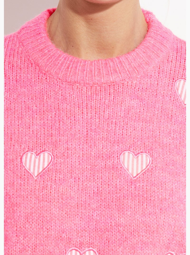 Pull col rond coeurs rayés avec laine - AFIBEL Rose fluo - Kiabi