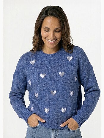 Pull col rond coeurs rayés avec laine