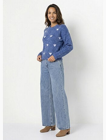 Pull col rond coeurs rayés avec laine