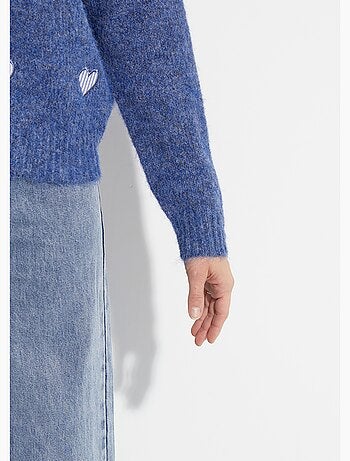 Pull col rond coeurs rayés avec laine