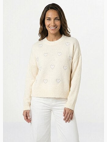 Pull col rond coeurs rayés avec laine