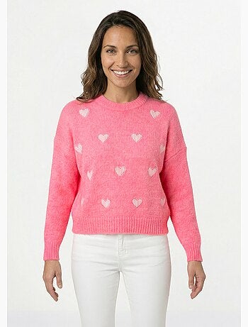 Pull col rond coeurs rayés avec laine