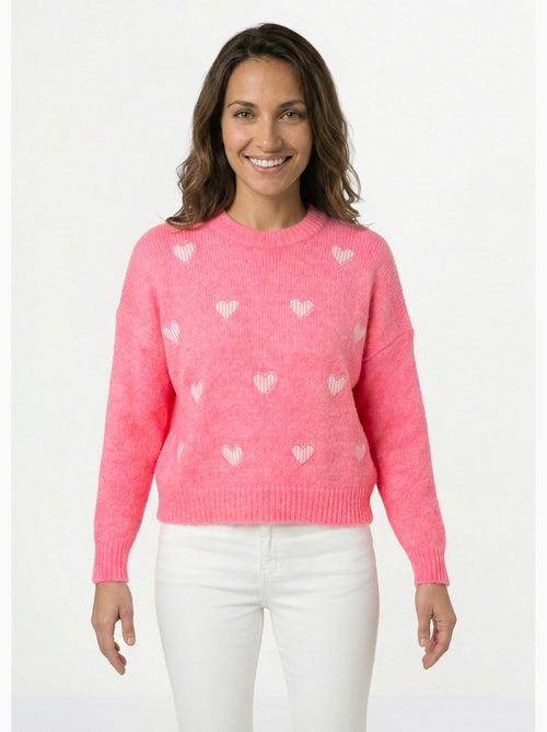 Pull col rond coeurs rayés avec laine - Kiabi