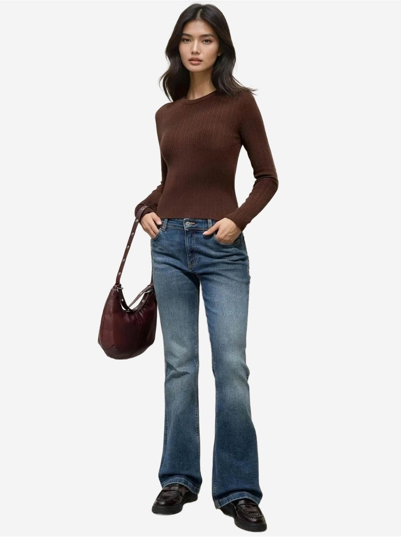 Pull col rond en maille ajustée Marron foncé - Kiabi