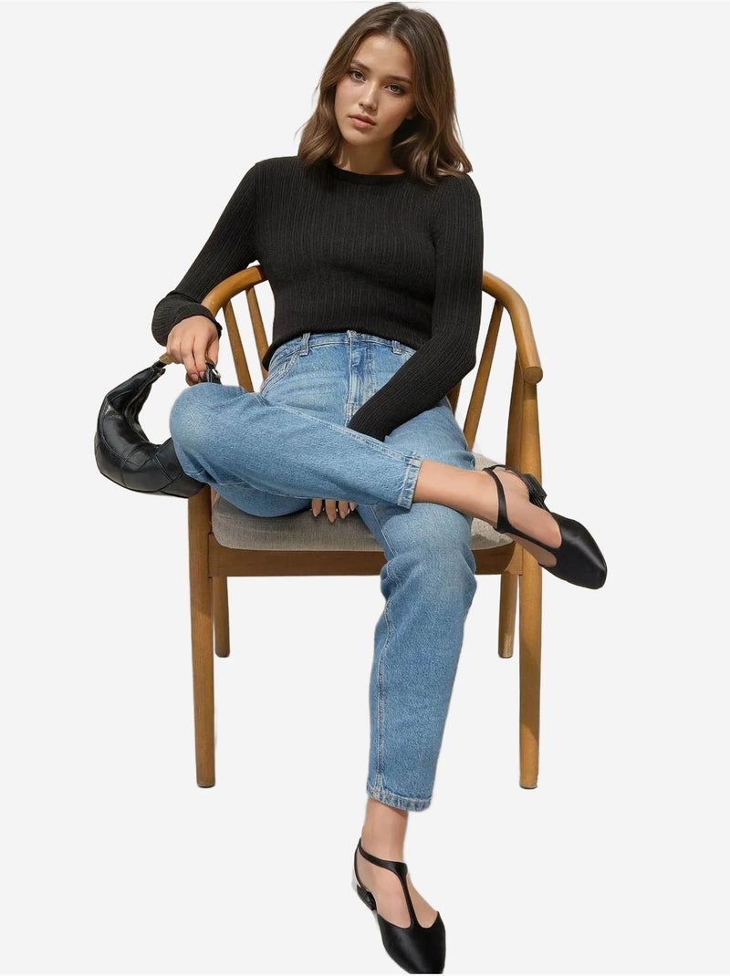 Pull col rond en maille ajustée Noir - Kiabi