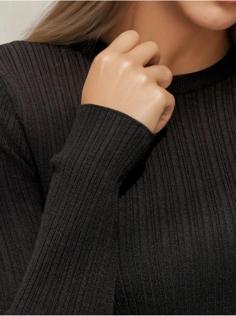 Pull col rond en maille ajustée Noir - Kiabi