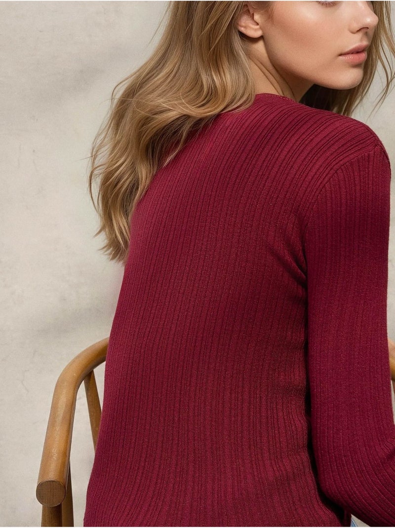 Pull col rond en maille ajustée Rouge bordeaux - Kiabi