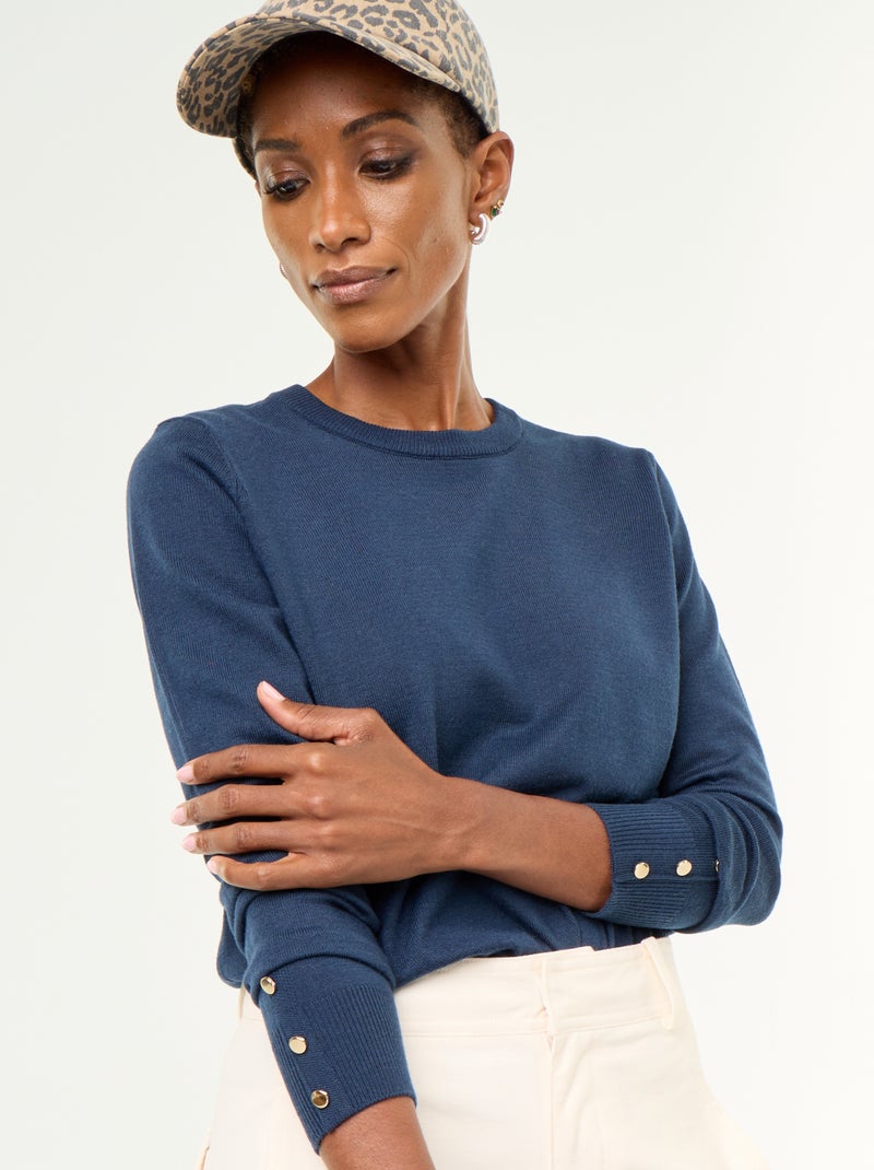 Pull col rond en maille fine jauge Bleu - Kiabi