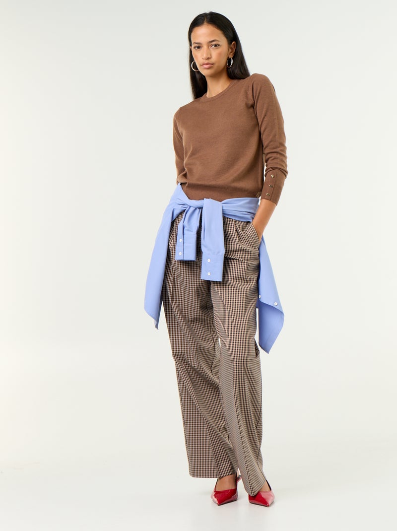 Pull col rond en maille fine jauge Marron - Kiabi