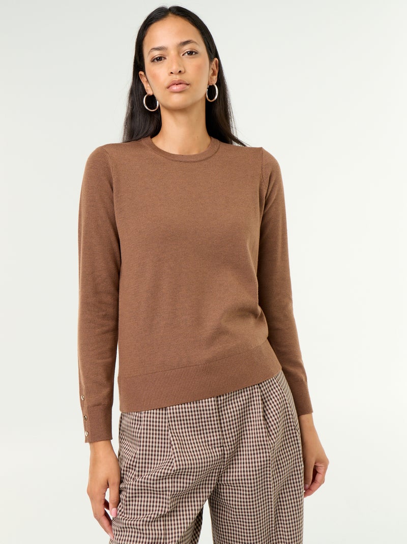 Pull col rond en maille fine jauge Marron - Kiabi