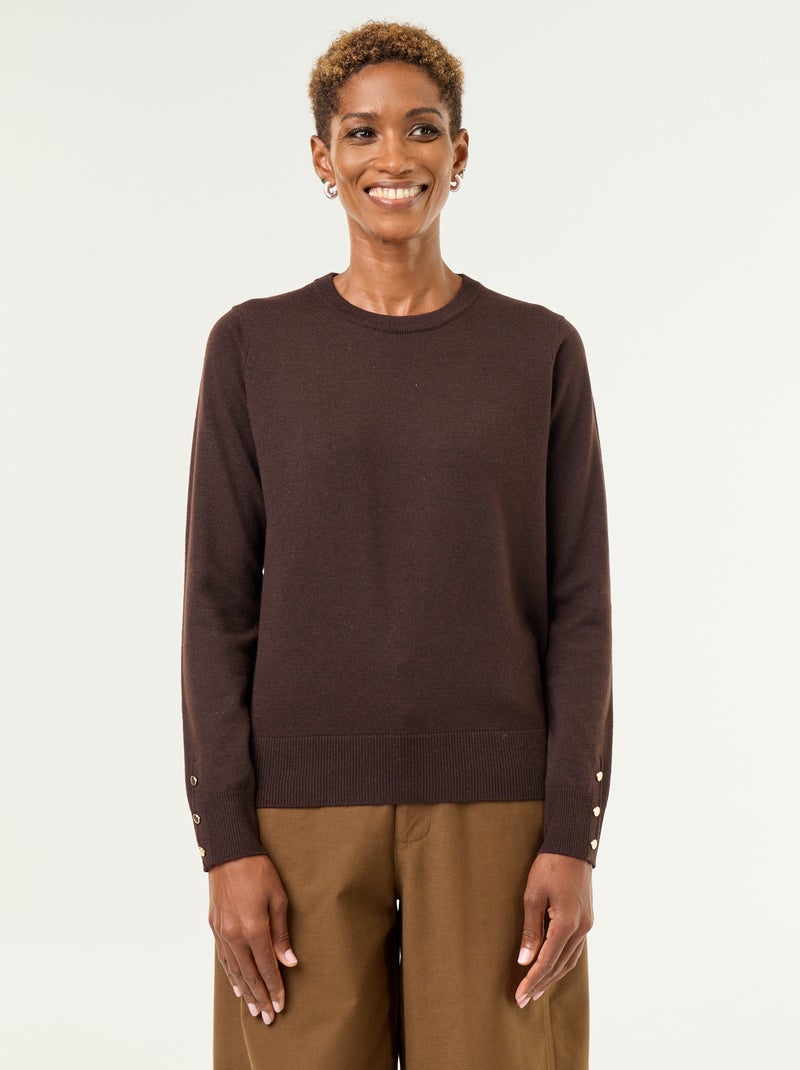 Pull col rond en maille fine jauge Marron - Kiabi