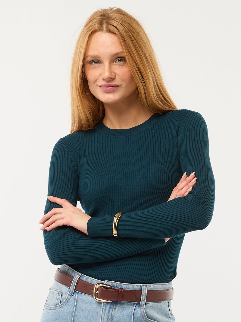 Pull col rond en rib uni - Bleu - Femme - 13.00€ - Kiabi