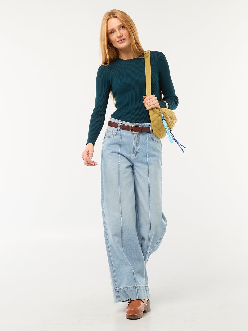 Pull col rond en rib uni Bleu - Kiabi