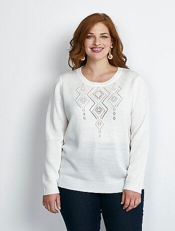 Pull col rond fantaisie ajourée et perlée