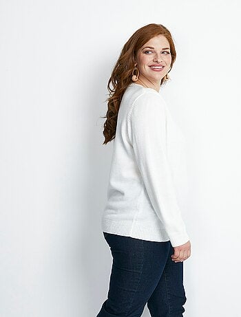 Pull col rond fantaisie ajourée et perlée