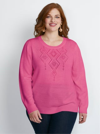 Pull col rond fantaisie ajourée et perlée