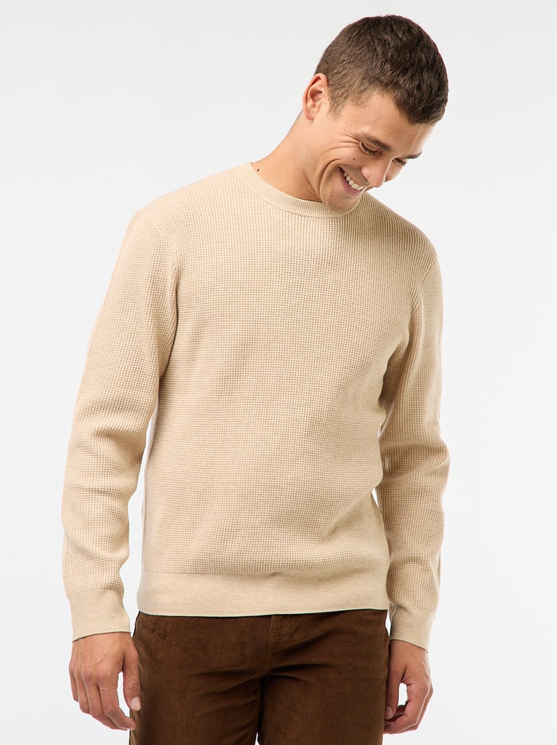 Pull col rond gaufré uni Blanc - Kiabi