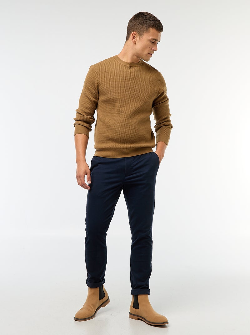 Pull col rond gaufré uni Marron - Kiabi