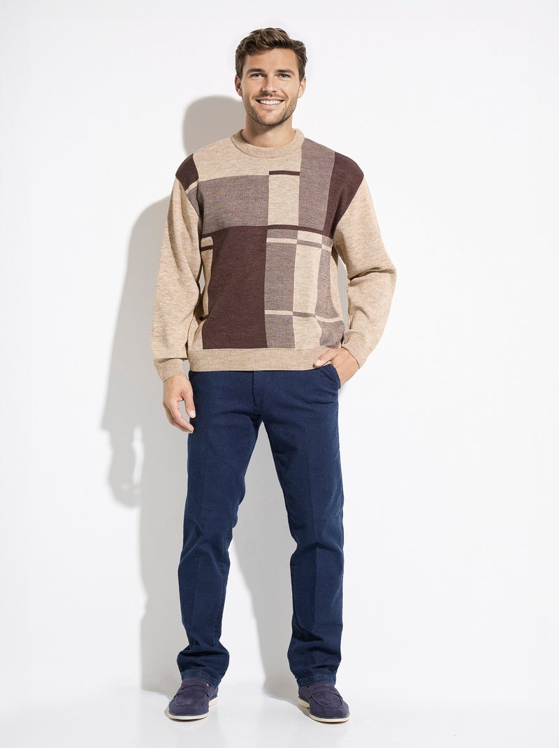 Pull col rond jacquard manches longues laine - Afibel Beige - Kiabi