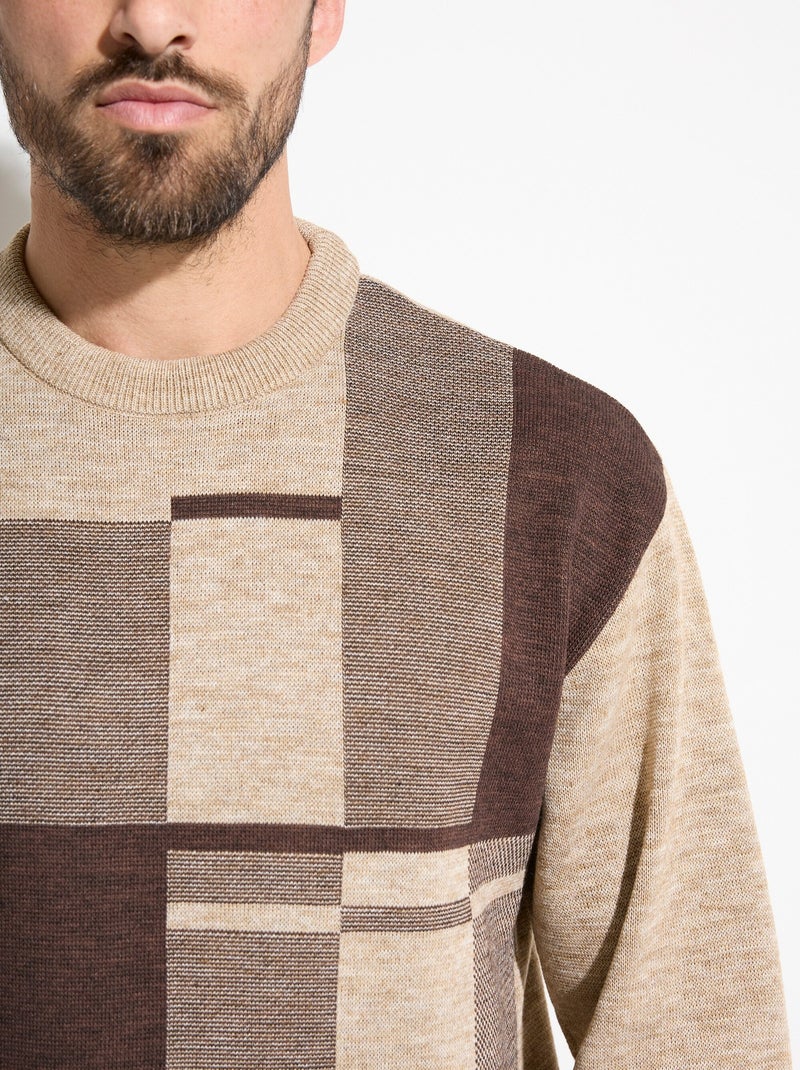 Pull col rond jacquard manches longues laine - Afibel Beige - Kiabi