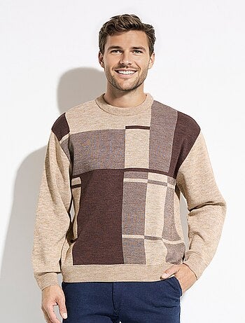 Pull col rond jacquard manches longues laine