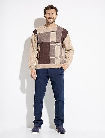 Pull col rond jacquard manches longues laine