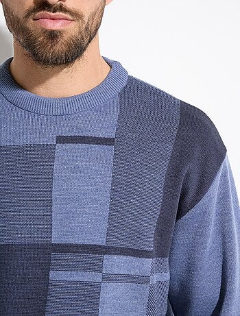 Pull col rond jacquard manches longues laine