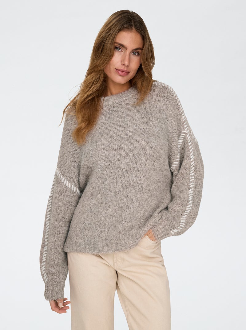 Pull col rond 'JDY' surpiqures contrastantes Marron - Kiabi