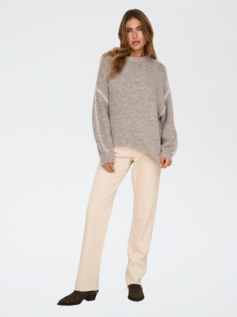 Pull col rond 'JDY' surpiqures contrastantes Marron - Kiabi