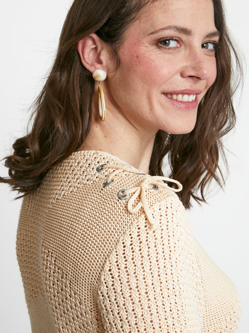 Pull col rond laçage fantaisie - Afibel Beige - Kiabi